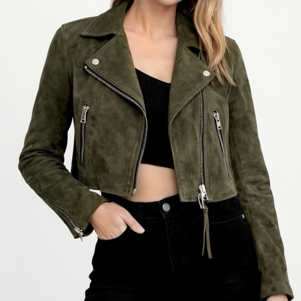 All Saints Suede Green Dalby Cropped Long Sleeve Jacket XS (2)